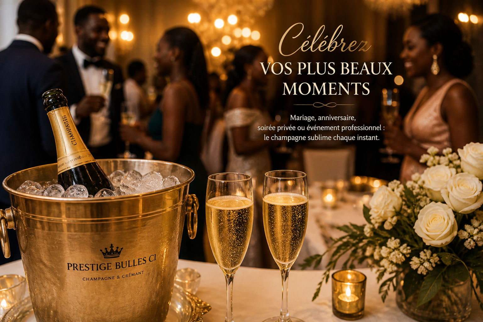 Célébration élégante avec champagne et fleurs